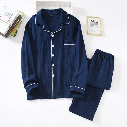 jinran New Spring And Autumn Pure Cotton Crepe Cloth Couple Soft Men Long-Sleeve Simple Home Service Women Two Piece Set