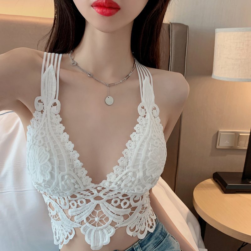 jinran Sexy Lace Beautiful Back Tank Top Solid Color Hollow Camisole Seamless Breathable Padded Underwear Backless 2022 New