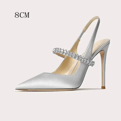 jinran Size 34 45 Women's Diamond Bao Head Sandals New Thin Heel Pointed Sheepskin Leather High Heels Women's Wedding Shoes