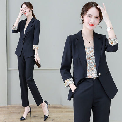 jinran 2022 Summer New Korean Fashion Elegant Women's Pants Suit Printed Vest Flannel Jacket Casual Trousers Three Piece Set Blazer