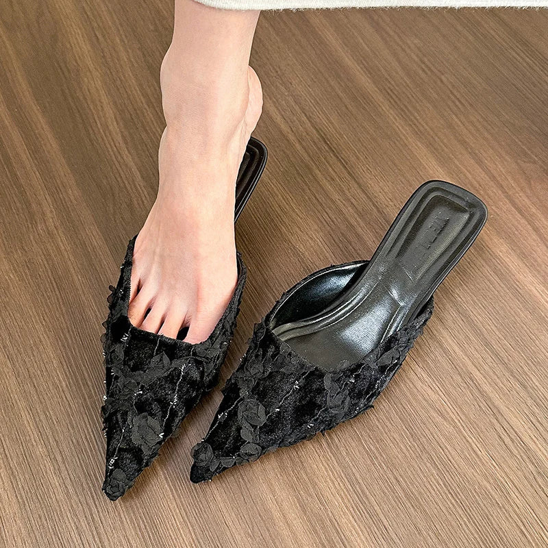 jinran 2024 Summers Women Mules Slippers Fashion Elegant Shallow Pointed Toe Slides Shoes Ladies Outdoor Dress Low Heel Sandalias