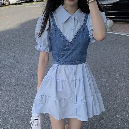 jinran 2024 Summer Women's Dresses Korean Fashion Vintage Puff Sleeve Shirt Dress Women's Denim Camisole Vest Set New In Dresses