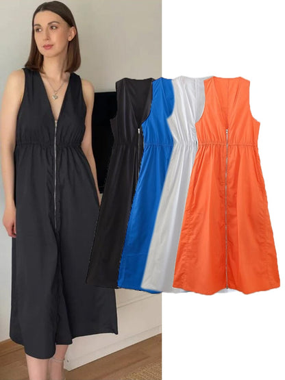 jinran Women Elegant Solid Long Dresses 2023 Summer Zipper Sleeveless Oversized Dresses Fashion Party Vestidos