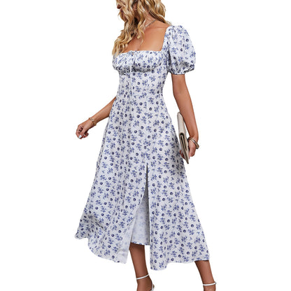 jinran fashion vintage womens boho dress Summer Casual Flutter Short Sleeve Square Neck Floral Dress vestidos