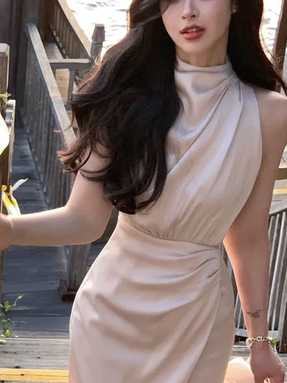 jinran Women Summer Halter Satin Midi Party Dress Sleeveless Bodycon Slim Casual Solid Birthday Vestidos Female One Pieces Fashion Robe