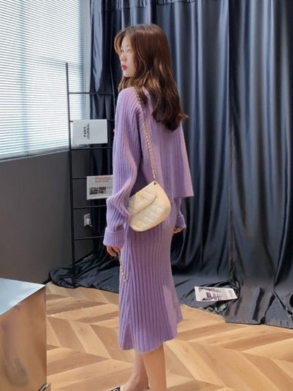 jinran Womans Clothes for Autumn Winter Loose Solid Knitwear Women's Two Piece V-Neck Casual Dress Set Long Sleeve Sweater Skirt
