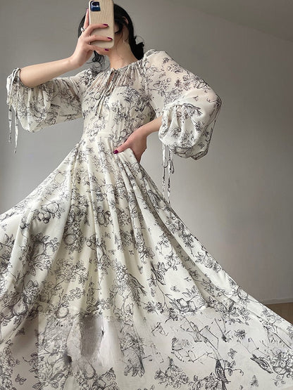 jinran French Elegant Floral Midi Dress Woman Evening Party Summer Beach Fairy Long Sleeve Sundress One Piece Dress Korean Fashion