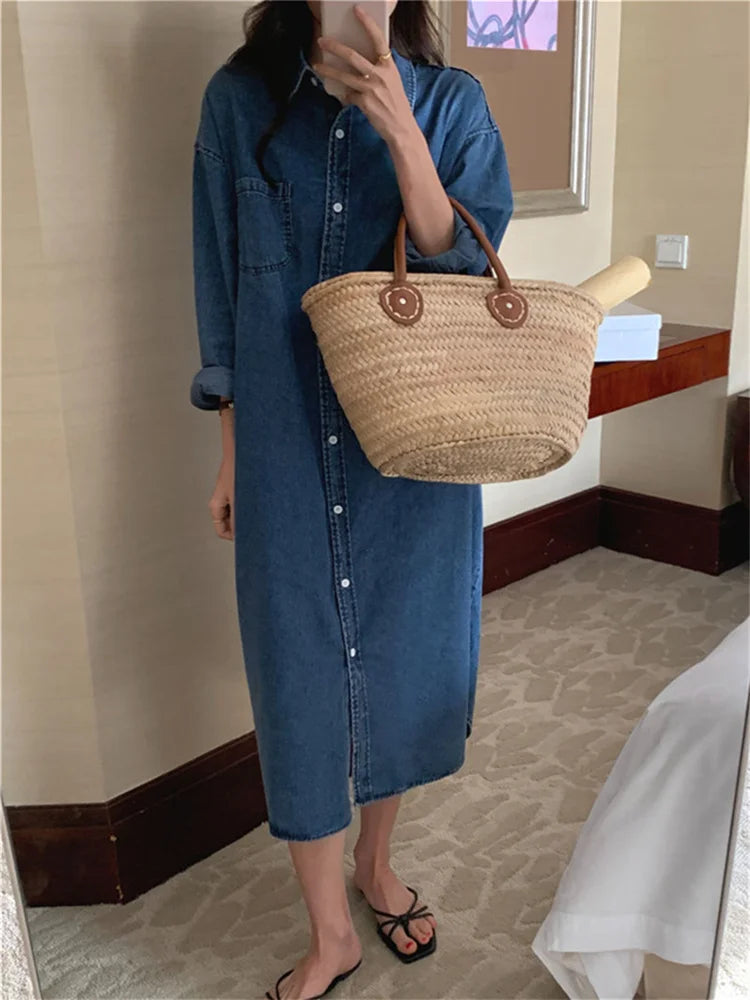 jinran Spring Summer Women Casual Denim Shirt Dress Loose Long Sleeve Cardigan Dress Korea Ladies Womens Denim Shirt Long Dresses