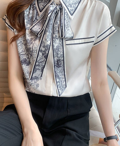 jinran Elegant Satin Luxury Women's Blouses Summer Casual Fashion Short Sleeve Print Stitching Bow Collar Shirt Loose Tops Chic Tunics