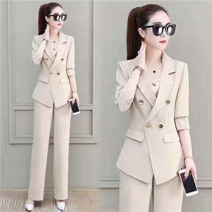 jinran Summer Korean Style Elegant Women's Pants Suit Fashion Slim Jacket Trousers Two-piece Set Office Blazer Temperament Tracksuit