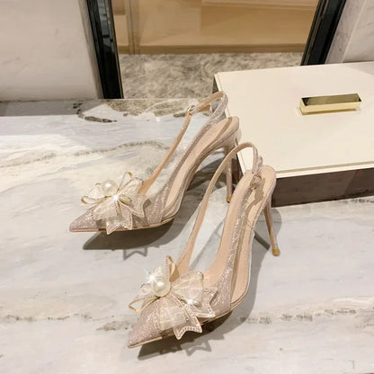 jinran New temperament high heels with thin heels, pointed toes, shallow mouth, pearl butterfly wedding shoes, crystal bridal shoes