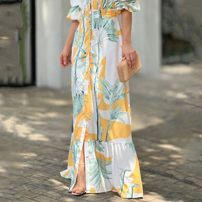 jinran Women Maxi Dress Summer Stylish Print Short Puff Sleeve V Neck Nipped Waist Slim Single Row Button Beach Party Dresses