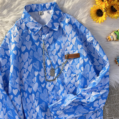 jinran Spring Summer Women Fashion Vintage Shirt Chemises Femme Korean Fashion Heart Print Blouses and Shirts Tunic