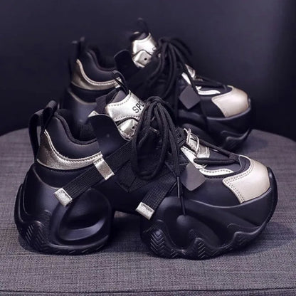 jinran Mix Color PU Leather Chunky Sneakers Women 2024 Thick Bottom Non-Slip Sports Shoes Woman Lace Up Platform Vulcanized Sneakers
