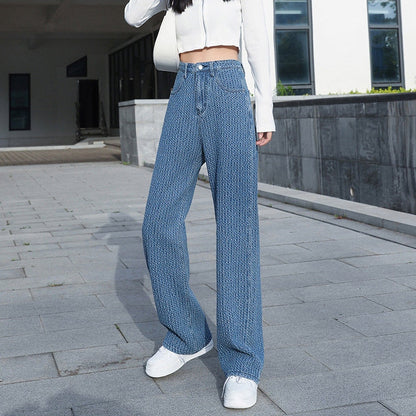 jinran Jacquard Blue Women Pants 2022 New Casual Striped Retro Basic Straight Loose Plus Size Jeans Y2K Fashion Trendy Ladies Trousers