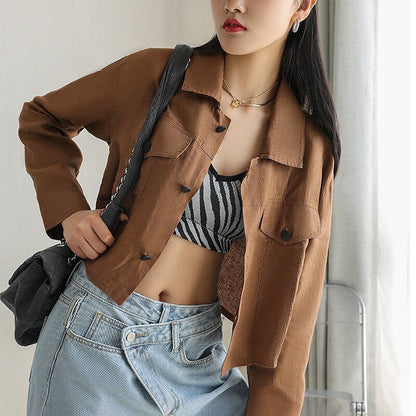 jinran Casual Spring New Turn-down Collar Linen Short Women Jackets 2022 Simple Solid Color All Match Button Female Coats