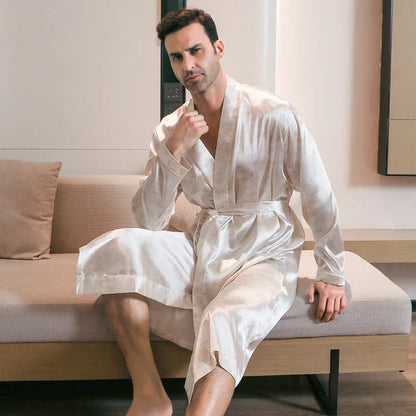 Pajama men's spring and autumn silk thin style oversized pajamas long sleeved bathrobes ice silk bathrobes home clothing summer