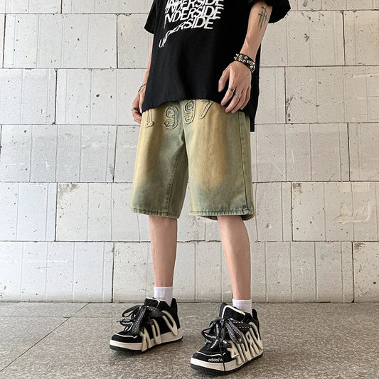 2024 Men Summer Vintage Oversize Loose Embroidery Jeans Men Straight Middle Shorts Male Casual Streetwear Denim Short Pant F19