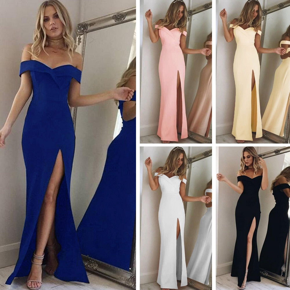 jinran New Summer Elegant Party Dresses Evening Sexy Blue Slim Maxi Dress Slash Neck Off Shoulder Wedding Guest Elegant Dress for Women