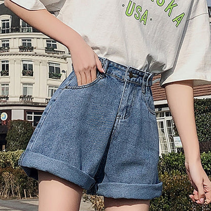 jinran New Summer Women High Waist Button Wigh Leg Jeans Shorts Casual Female Loose Fit Blue Denim Shorts