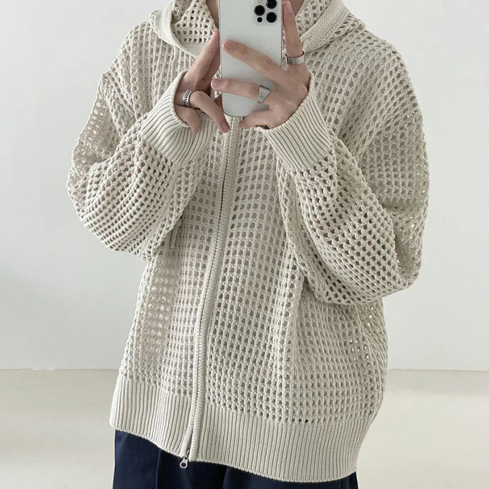 Y2k Knitted Cardigan Men's Hollow Design Zipper Hoodie Outerwear Autumn Fashion Oversized Loose Sexy Long Sleeve Sweater Jacket