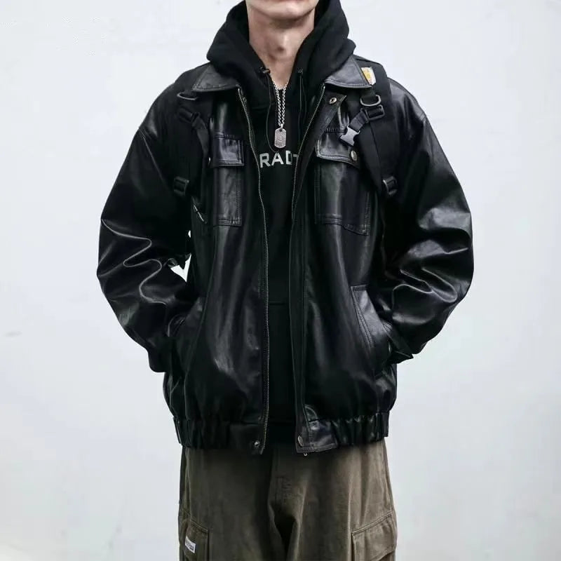 Oversized Men's Leather Jackets Black VIntage PU  Biker Coat Faux Leather Bomber Jacket Punk Big Pockets Windbreaker Overcoat