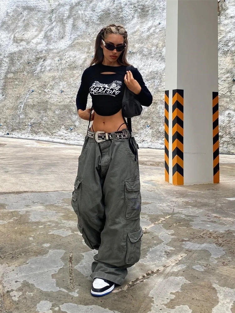 jinran Women's High Waisted Cargo Pants Travel Y2K Streetwear Baggy Stretchy Pants with 6 Pockets Drawstring Ankle Cuffs