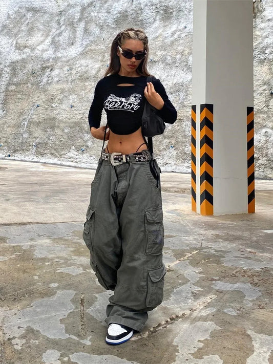 jinran Women's High Waisted Cargo Pants Travel Y2K Streetwear Baggy Stretchy Pants with 6 Pockets Drawstring Ankle Cuffs
