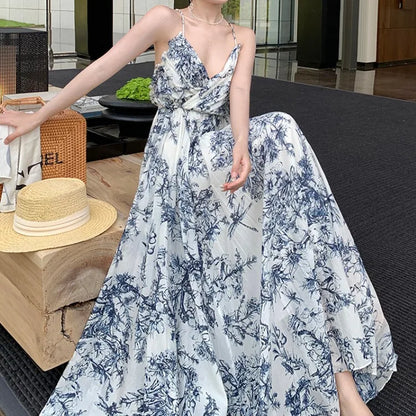jinran Elegant Floral Print Spaghetti Strap Boho Maxi Dress Women Summer Sexy Cross Backless Casual Beach Vacation Dress Vestidos