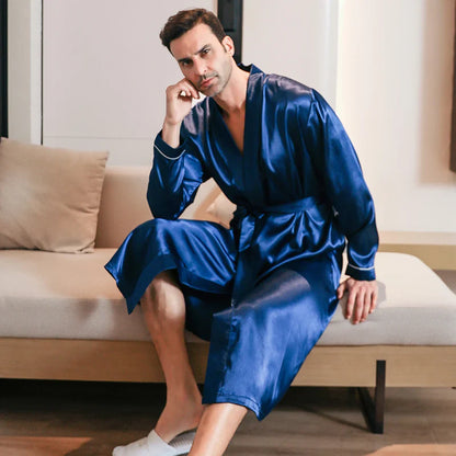 Pajama men's spring and autumn silk thin style oversized pajamas long sleeved bathrobes ice silk bathrobes home clothing summer