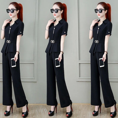 jinran Korean Style Summer Elegant Women's Pants Set Belt Decorative Asymmetric Chiffon Shirt Casual Pants Two-piece Set Tracksut