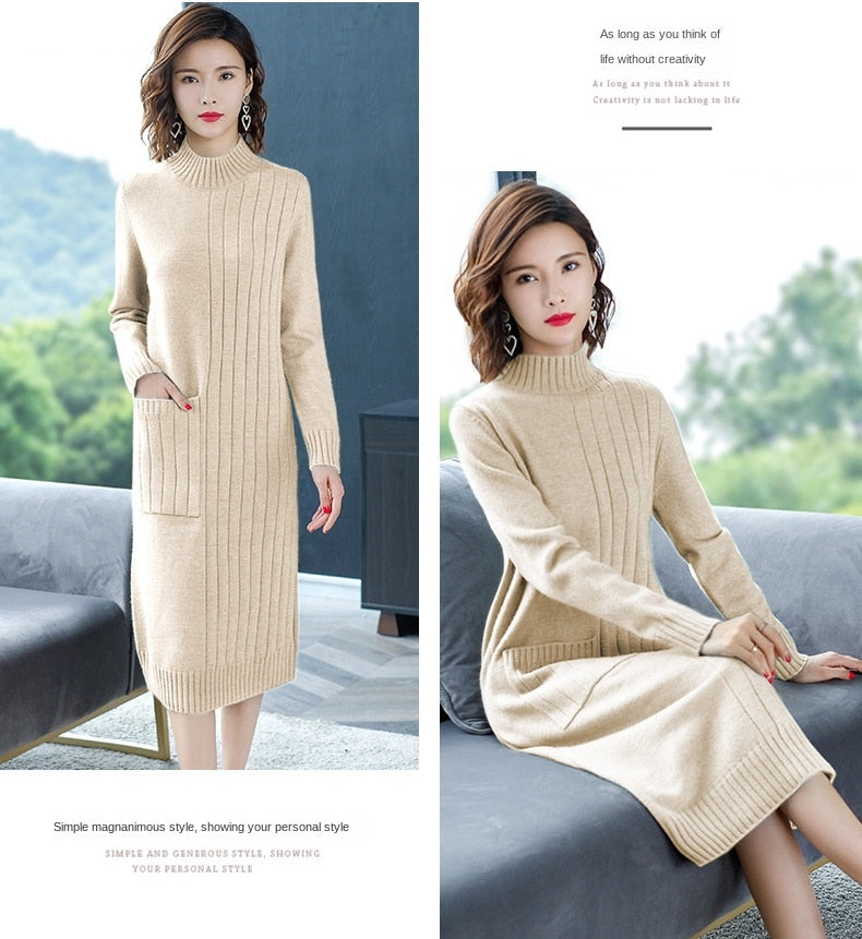 jinran Half High Collar Sweater Dress for Women In Autumn Winter New Medium Long Bottoming Sweater Knitted Pullover Streetwear Dresses