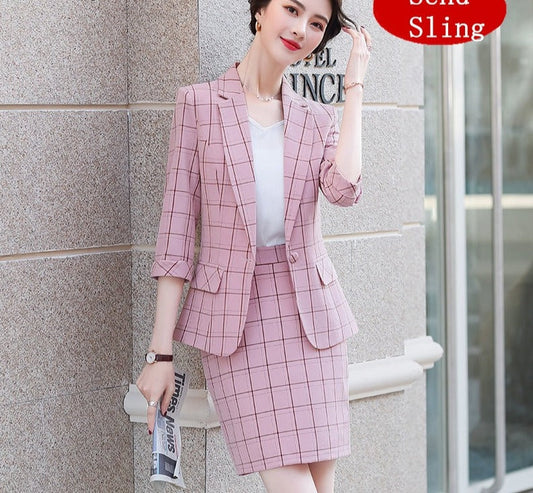 jinran Women Large Size 2 Pcs Plaid Blazer Set Summer 2022 Korean Office Lady Graceful Suit Coat+ Shorts or Skirts Sets Work OL Outfits