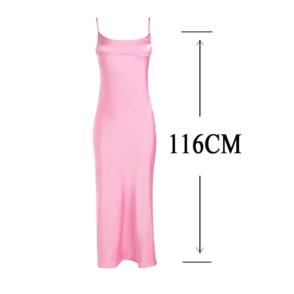 jinran  Pink Camis Satin Long Dresses Elegant Sleeveless Slip Holiday Party Dresses Sexy Casual Backless Summer Dresses Women