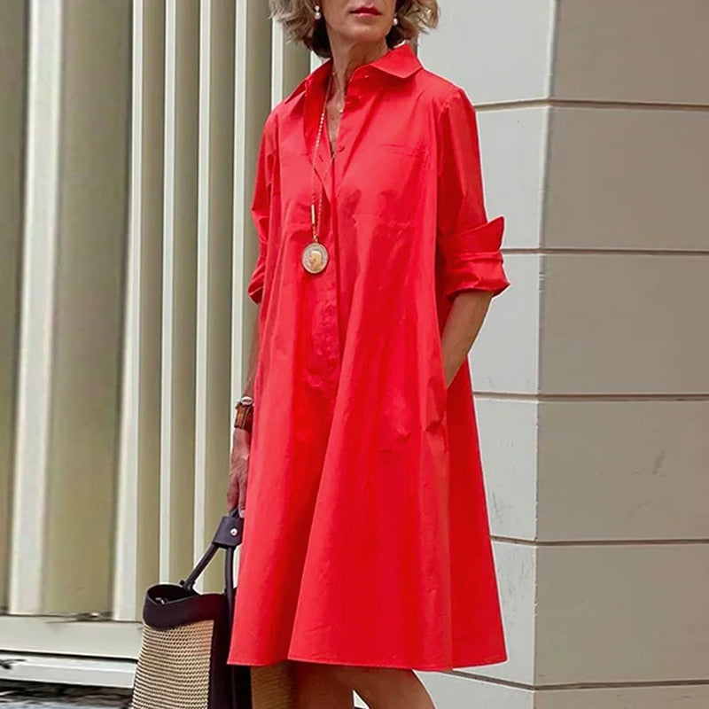 jinran Elegant Women Solid Shirt Dress Summer Casual Turn-down Collar Long Sleeve Midi Dresses Fashion Print Streetwear Dress Vestidos