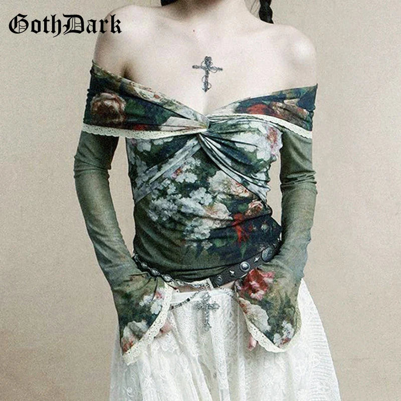 jinran Goth Dark Retro Florals Print Gothic Slash Neck Crop Tops Y2K Grunge Flare Sleeve T-shirt Cute Lace Sexy Mesh Transparent Blouse