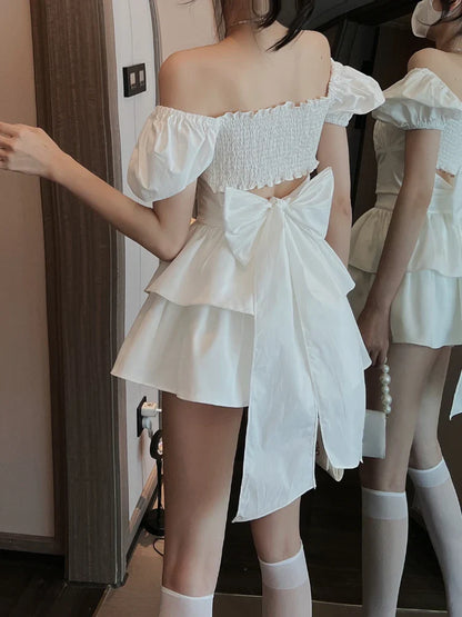 jinran White Sexy Backless Mini Dress Women Korean Fashion Casual Elegant Party Dress Female Ruffle Kawaii Lolita Party Y2k Dress