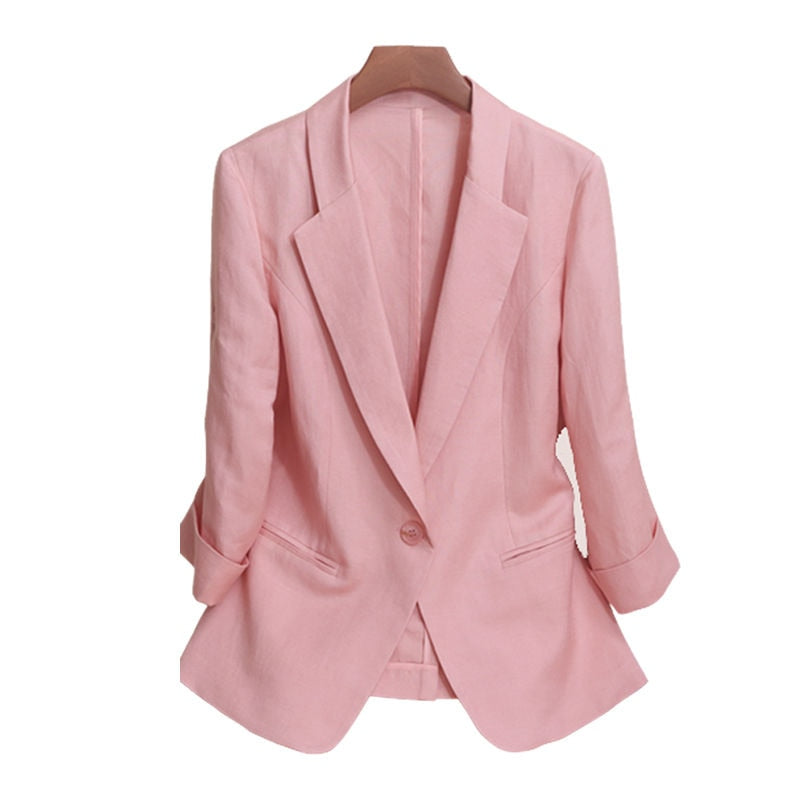 jinran Linen pink thin small suit coat women's summer cotton linen short slim suit women's top