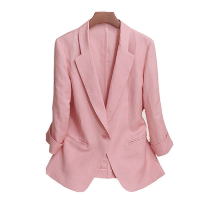 jinran Linen pink thin small suit coat women's summer cotton linen short slim suit women's top