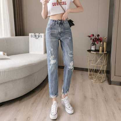 jinran 2022 New Lady Spring And Summer Light Blue Pierced Jeans Women'S Fashion Loose Dad Harlan Trousers High Waist Slim 9-Point Pants