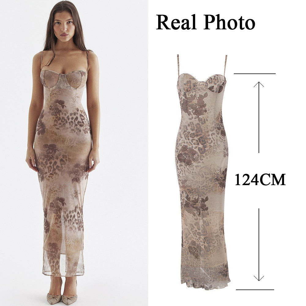 Floral Print Maxi Prom Dress Sexy Mesh Celebrity Evening Party Dresses Bodycon Spaghetti Strap Summer Women Dresses