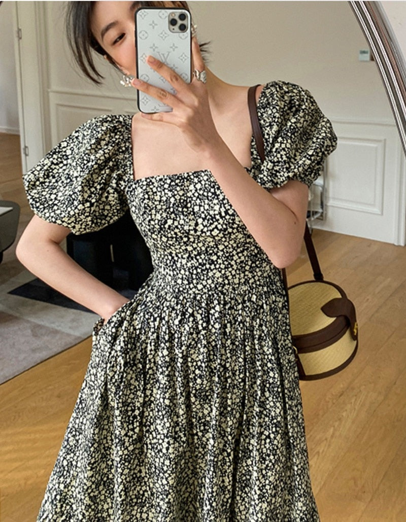 jinran Korean Fashion Floral Maxi Dresses Puff Sleeve Sexy Low Cut Beach Long Dresses Elegant Casual Ladies Women Dresses Summer 2022