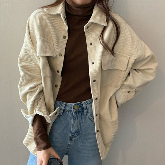 jinran Spring New Women Solid Corduroy Shirts Jackets Full Sleeve Turn-Down Collar Oversize Coats Casual Autumn Basic Outwear T0O901F