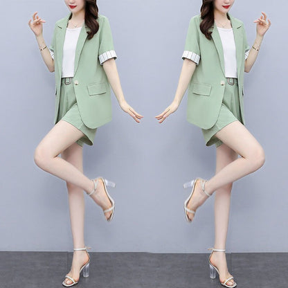 jinran 2022 Korean Style Summer New Elegant Women's Shorts Suit Short Sleeve Blazer Belt Decorative Shorts White Vest Three Piece Set