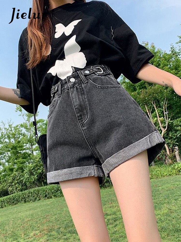 jinran Summer New Women Adjustable Waist Slim Short Jeans Lady High Street Wide Leg Short Pants Female High Waist A-Line Shorts