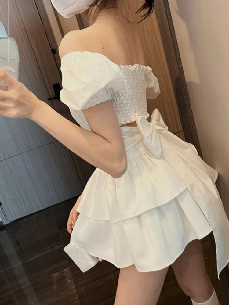 jinran White Sexy Backless Mini Dress Women Korean Fashion Casual Elegant Party Dress Female Ruffle Kawaii Lolita Party Y2k Dress