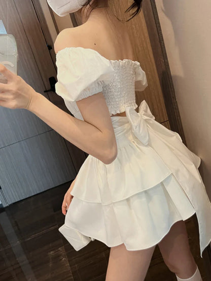 jinran White Sexy Backless Mini Dress Women Korean Fashion Casual Elegant Party Dress Female Ruffle Kawaii Lolita Party Y2k Dress