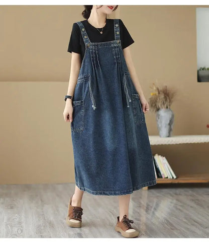 jinran Oversized Women's Dress 2024 Spring/summer Long Dress Vintage Loose Pocket Slim Denim Strap Dress Long Swing Dress