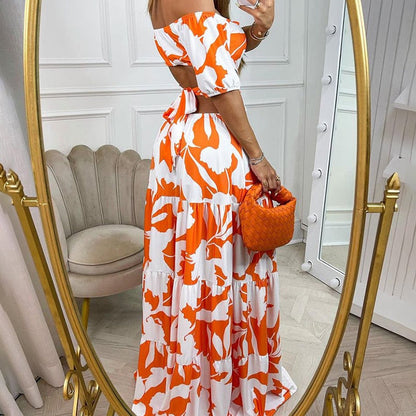 jinran Women Dress Sexy Off-Shoulder Printed Cutout Lace-Up Dresses  Evening Party Beach Long Skirt Robe Femme