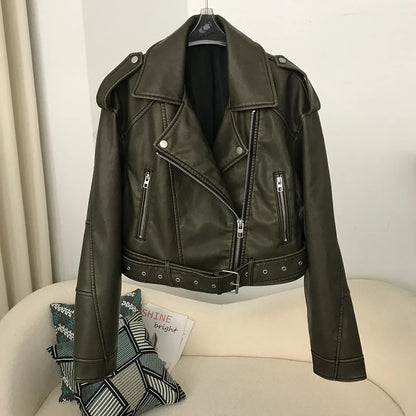 jinran Faux Leather Short Jacket 2024 Women Vintage Loose Pu with Belt Streetwear Female Zipper Retro Moto Biker Coat Outwear Tops